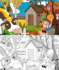 cartoon farm ranch animals pumpkins with sketch