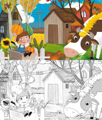 cartoon farm ranch animals pumpkins with sketch