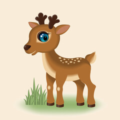 Cute cartoon little deer on the grass. Cute animal illustration. Deer baby. Vector illustration.