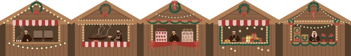 Christmas market wooden stalls kiosks vector illustration set. Cartoon market seller with New Year food, hot drink, mulled wine coffee or tea, sweets and gifts. Xmas fair house marketplace isolated
- 548348583