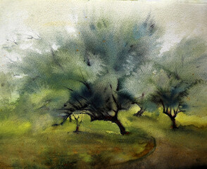 Watercolor- painted landscape with trees