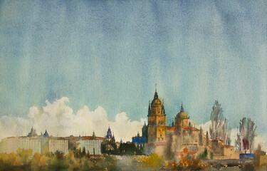 Watercolor art painting of the Salamanca church - 548348929