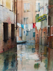 Watercolor painting of the canal in Venice