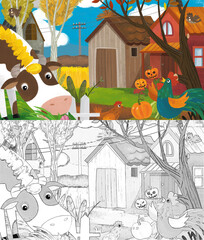 cartoon farm ranch animals pumpkins with sketch