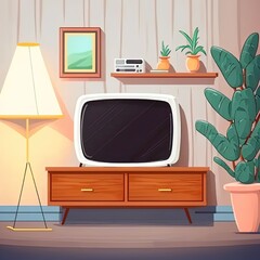 Tv interior room with blank tv wooden desk and objects plant and floor lamp