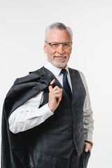 Vertical image of caucasian middle-aged senior mature elderly businessman teacher boss ceo in suit and glasses looking at camera isolated in white background