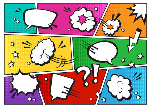 Comic speech bubble vector icon, cartoon balloon on retro background, fun cloud sound effect set, halftone pattern, expression communication frame pop art style. Colorful illustration
