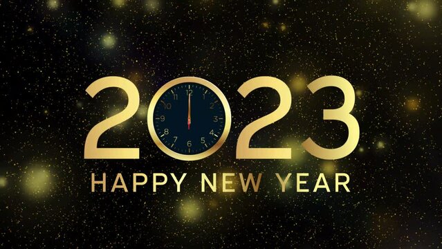 Happy new year 2023 neon animation. Shiny golden gradient numbers 2023 on glittering and sparkling wave on blue background. New Year background.
