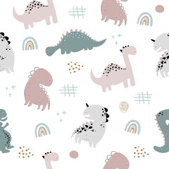 Vector hand drawn seamless pattern with dinosaurs and doodles, dots, spots and rainbow. Modern childish design for wallpaper, textile, gift paper.