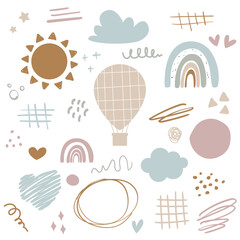 Vector hand drawn modern doodle set. Rainbow, dots, clouds, hot air balloon, doodle elements. Clipart set.