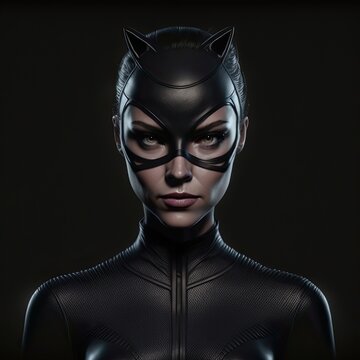 Portrait of a cat girl cat woman in black latex suit and mask. 3d render character isolated on black background.