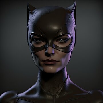Portrait of a cat girl cat woman in black latex suit and mask. 3d render character isolated on black background.