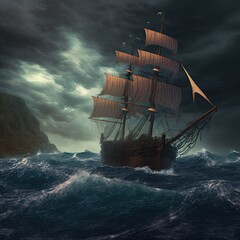 Pirate ship on stormy seas