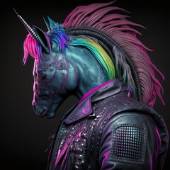 Cyberpunk unicorn character. Antropomorphic cool punk rock equine man with horn. 3d render isolated on black background. - obrazy, fototapety, plakaty