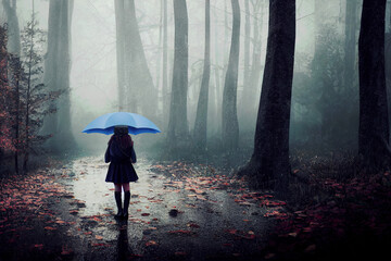 Girl alone in dark forest with blue umbrella