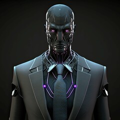 Cyborg CEO businessman. 3d render of android robot in business suit. Isolated on black background. - obrazy, fototapety, plakaty