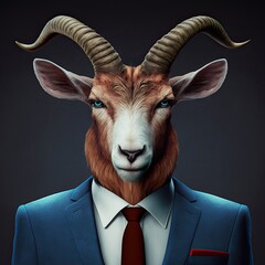 Profile view of a goat in business suit. Isolated on black.