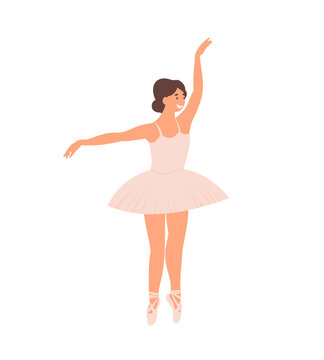 Ballerina, Young graceful woman ballet dancer. Elegant ballerina in pink tutu dress, dancing on pointe shoes cartoon flat vector illustration isolated on the white background