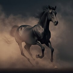 Naklejka na ściany i meble Black horse galloping through the smoke. Beautiful equine 3d rendered illustration.