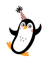 Cute little happy penguin with a cap on his head. Vector doodle flat illustration © Olena