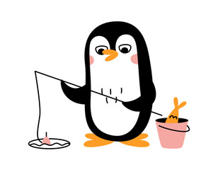 Cute little happy penguin with a fishing rod, a fish and a bucket. Vector flat illustration