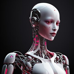 3d rendered illustration of beautiful porcelain white female android robot. Character design isolated on black background. - obrazy, fototapety, plakaty