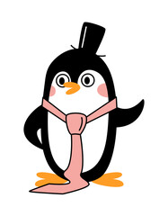 Cute little happy penguin with a tie and a hat. Vector flat illustration