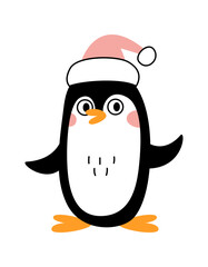 Cute little penguin in a hat. Vector doodle flat illustration