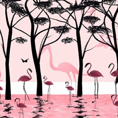 Abstract Wallpaper vintage jungle pattern with birds flamingo in forest trees on the lake with pinky background, illustration, digital art