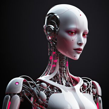 3d rendered illustration of beautiful porcelain white female android robot. Character design isolated on black background.