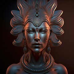 Beautiful woman goddess deity statue 3d render. Isolated on black background. Epic character design.