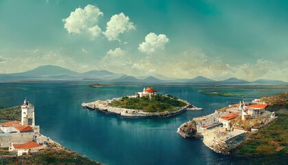 Panoramic landscape with lake view, mountains with blue sky and fluffy clouds, countryside in summer