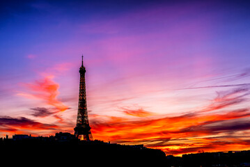 Silhouette of the Eiffel Tower in Paris France, at sunset