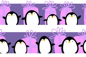 Obraz premium Winter animals seamless penguin cartoon kawaii Christmas fish pattern for wrapping paper and kids clothes print