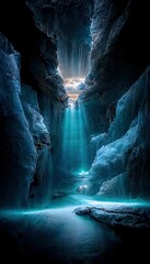Inside a blue glacial ice cave in the glacier with waterfalls