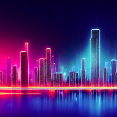 Fototapeta na wymiar Futuristic, cyberpunk city skyline. Neon lights. Illustration of a modern cityscape. Dystopic urban wallpaper