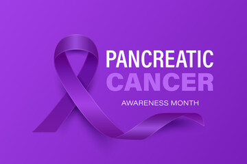 Pancreatic Cancer Banner, Card, Placard with Vector 3d Realistic Purple Ribbon on Purple Background. Pancreatic Cancer Awareness Month Symbol Closeup. World Pancreatic Cancer Day Concept