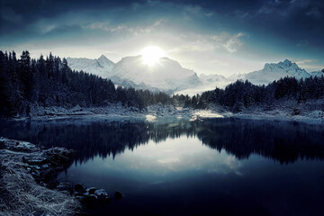 Fototapeta na wymiar Mountain landscape with lake, snowy peaks, green grass on rocks and trees