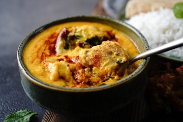 Homemade Punjabi Kadhi pakora served with rice and roti