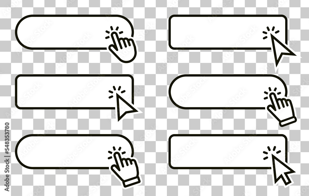 Leinwandbilder Click cursor set button with hand pointer clicking. Click here web button sign. Isolated website buy or register bar icon with hand finger arrow clicking cursor – stock vector. Vector illustration