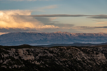 Wonderful landscape of Brac island from Vidova Gora mountain with view on distant Biokovo mountain...