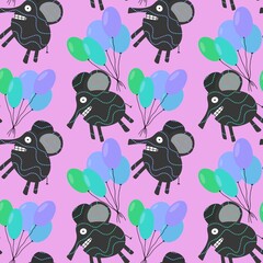 Cartoon festive animals seamless elephant and balloons pattern for birthday and wrapping paper and fabrics