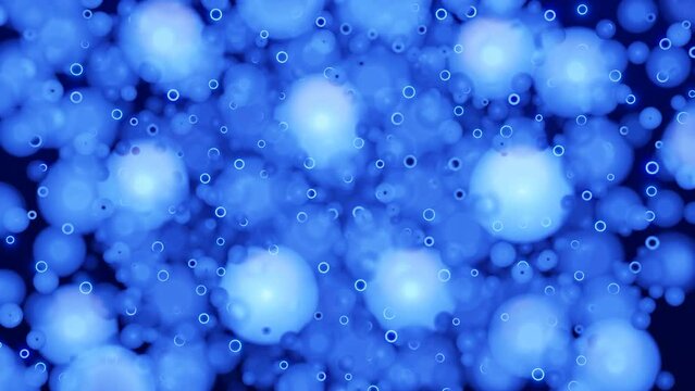 Abstract moving microorganisms or bacteria on a blue background. Design. Concept of chemistry and biology.
