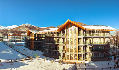 Bakuriani, Georgia - March 5th, 2022: Holiday apartment buildings complex flats for rent in...