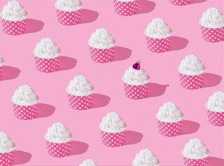 Naklejka premium Creative pattern made of whipped cream cupcake decorated with shiny red Christmas bauble. Trendy concept, collage on a pink pastel background. Creative art minimal aesthetic.