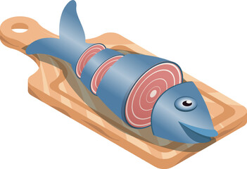 Fish on a cutting board. Vector 3d sketch isometric style, color icon illustration. Creative design idea and infographics elements.