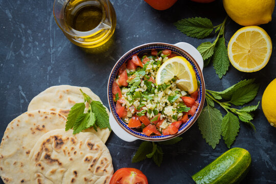 Lebanese Tabbouleh Salad With Bulgur, Parsley, Tomato And Cucmber