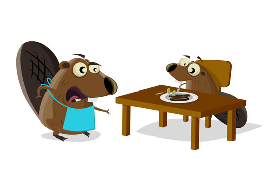 funny illustration of cartoon beavers at lunch