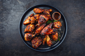 Traditional barbecue chicken wings and drumsticks with hot chili mango sauce and coriander served...