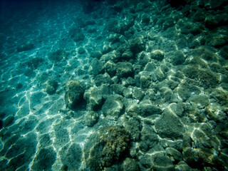 Naklejka na ściany i meble Underwater picture of stone sea bottom with waves refraction visible on the sea floor